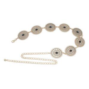 Women Western Oval Gold Belt, Concho Chain Adjustable Gold/Black Metal Waist